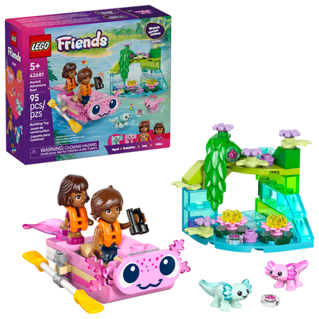 LEGO Friends: Axolotl Adventure Boat set with packaging and toy pieces on a white background