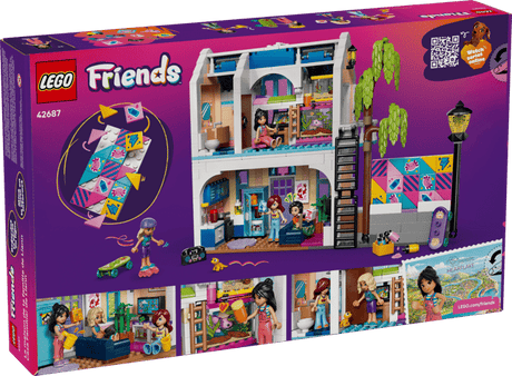 LEGO Friends: Liann's Family House set packaging with colorful design and toy figures on a white background