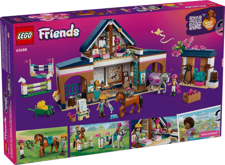 LEGO Friends: Horse Stable and Riding Academy set packaging with purple background