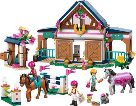LEGO Friends: Horse Stable and Riding Academy set with horse, riders, and accessories on a transparent background