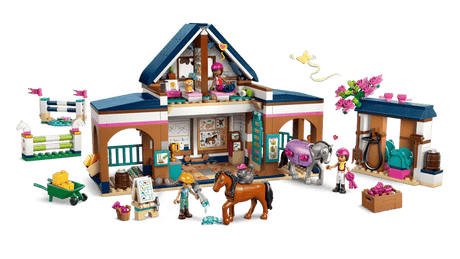 LEGO Friends: Horse Stable and Riding Academy set with various accessories on a green background