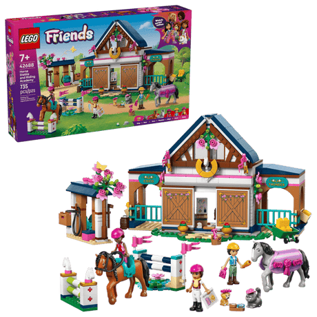 LEGO Friends: Horse Stable and Riding Academy set with packaging on a green background
