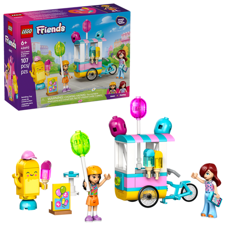 LEGO Friends: Ice Cream & Balloon Stand set with packaging and figures on a white background
