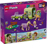 LEGO Friends: Horse & Baby Foal Trailer set packaging with vehicle, horse, and characters on a purple background