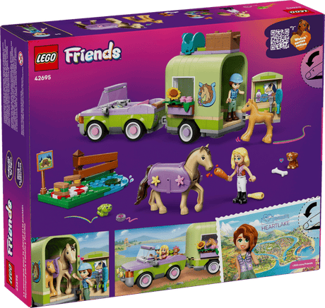LEGO Friends: Horse & Baby Foal Trailer set packaging with vehicle, horse, and characters on a purple background