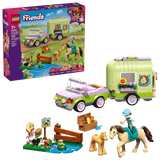 LEGO Friends: Horse & Baby Foal Trailer with camper, car, and horse figures on a clear background