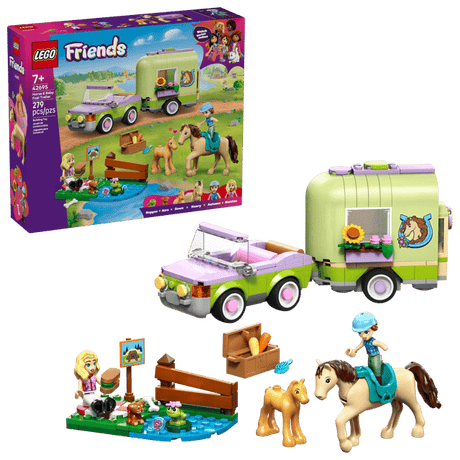 LEGO Friends: Horse & Baby Foal Trailer with camper, car, and horse figures on a clear background