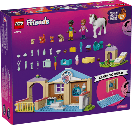 LEGO Friends: Animal Vet Clinic set packaging with toy figures and structures on a purple background