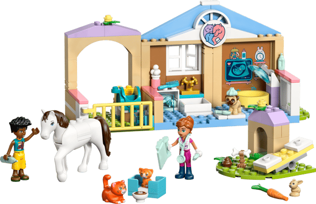 LEGO Friends: Animal Vet Clinic veterinary clinic set with characters and animals on a transparent background