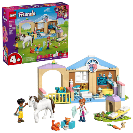 LEGO Friends: Animal Vet Clinic set with  figures on a green background