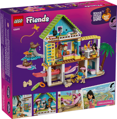 LEGO Friends: Beach House with Seals set packaging with characters and activities on a purple background