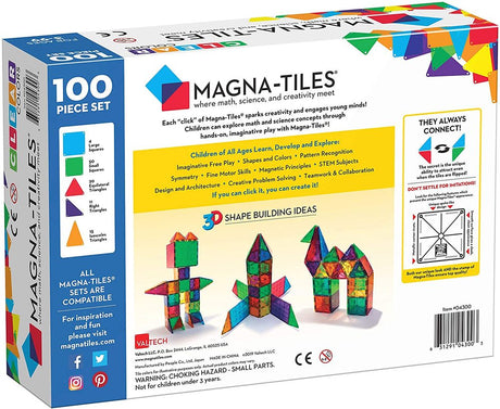 Magna-Tiles 100 piece set packaging with colorful tiles and branding