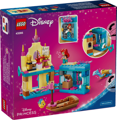 LEGO Disney Princess: Ariel's Magical Mini Palace playset packaging with Ariel and Sebastian on a pink background