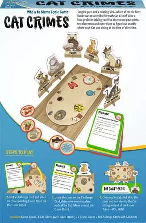 Cat Crimes board game packaging with game pieces and instructions.