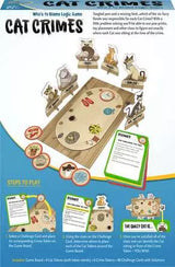 Cat Crimes board game packaging with game pieces and instructions.
