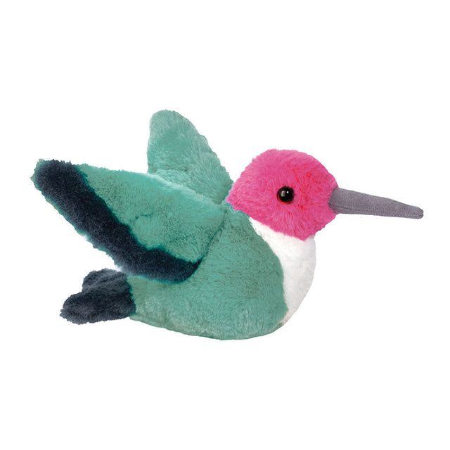 Plush toy Twirlie Hummingbird Soft with green body, pink head, and white chest on a white background
