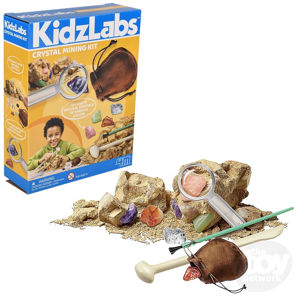 KidzLabs Crystal Mining kit with box, tools, and crystals on a white background
