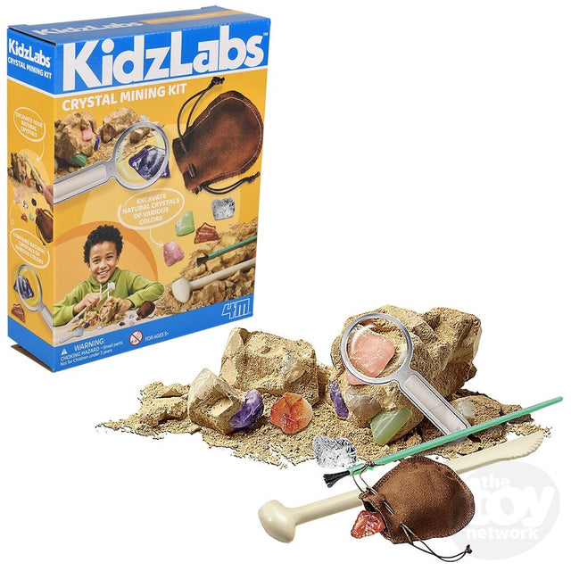 KidzLabs Crystal Mining kit with box, tools, and crystals on a white background