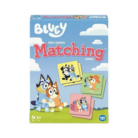 Bluey matching game packaging with cartoon characters on a blue background