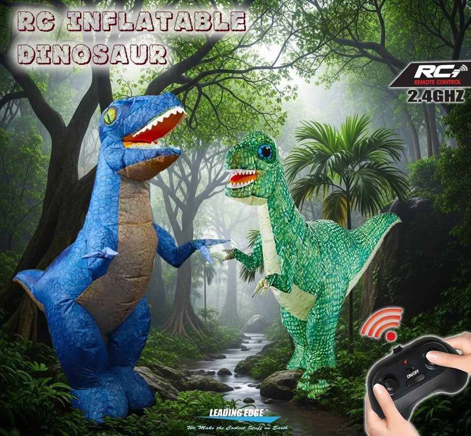 Two inflatable dinosaurs, one blue and one green, in a forest setting with a remote control held by a hand.