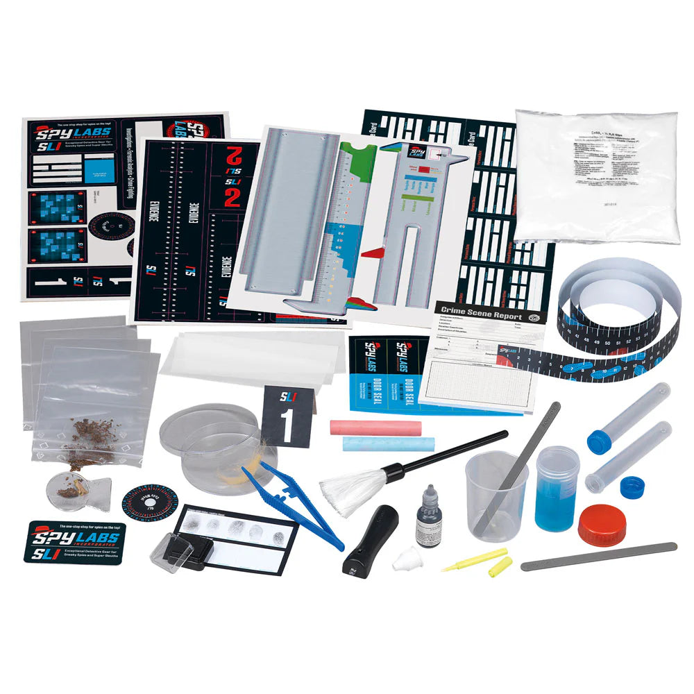 Collection of Spy Labs forensic investigation tools and supplies on a white background