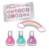 Set of scented press-on nails with three nail polish bottles on a white background