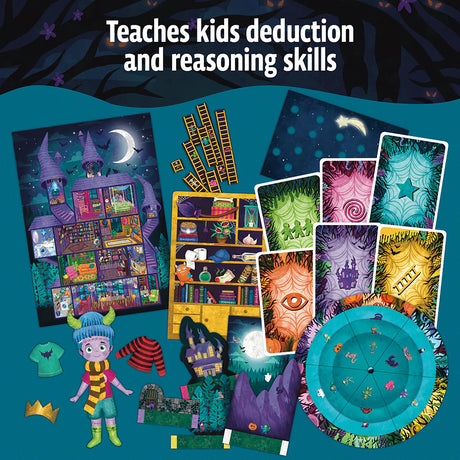 Colorful EXIT Kids: Midnight Spooktacular game components with text 'Teaches kids deduction and reasoning skills' on a dark blue background