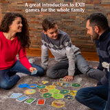 Three people playing EXIT: Adventures on Catan game together with text about EXIT games.
