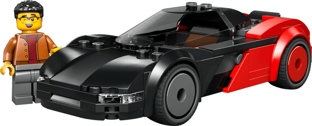 LEGO City Great Vehicles: EV Supercar black and red toy car with a LEGO figure on a transparent background