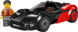 LEGO City Great Vehicles: EV Supercar black and red toy car with a LEGO figure on a transparent background