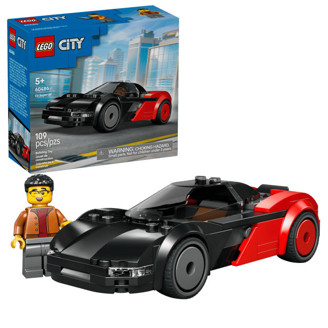 LEGO City Great Vehicles: EV Supercar set with a minifigure and packaging on a white background