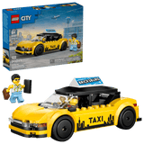 LEGO City Great Vehicles: Yellow Taxi set with packaging and figures on a clear background