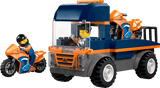 LEGO City Great Vehicles: Motorcycle Transporter truck with a trailer carrying a motorcycle, featuring two minifigures on a transparent background.