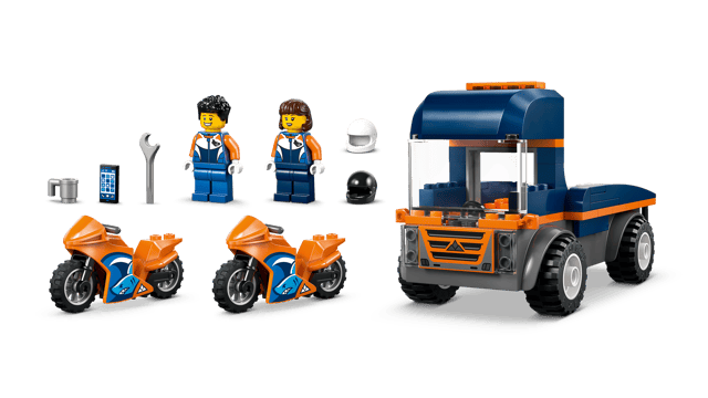 LEGO City Great Vehicles: Motorcycle Transporter construction vehicle with four figures and two motorcycles on a transparent background