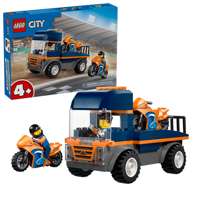 LEGO City Great Vehicles: Motorcycle Transporter set with truck and motorcycle in front of packaging