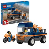 LEGO City Great Vehicles: Motorcycle Transporter set with truck and motorcycle in front of packaging