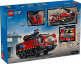 LEGO City Fire: Airport Fire Truck set packaging with images of the vehicle and cityscape background.