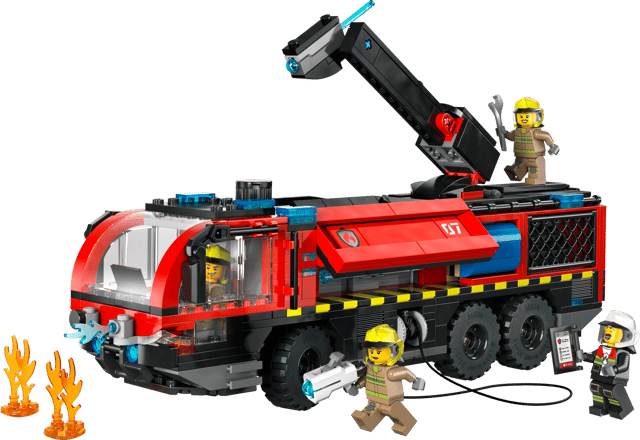 LEGO City Fire: Airport Fire Truck set with firefighters and flames on a transparent background