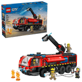 LEGO City Fire: Airport Fire Truck set with figures and packaging on a clear background