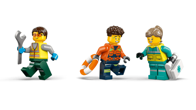 LEGO City Great Vehicles: Airplane, Service Truck & Hovercraft Remix Three LEGO minifigures in different职业 outfits on a transparent background