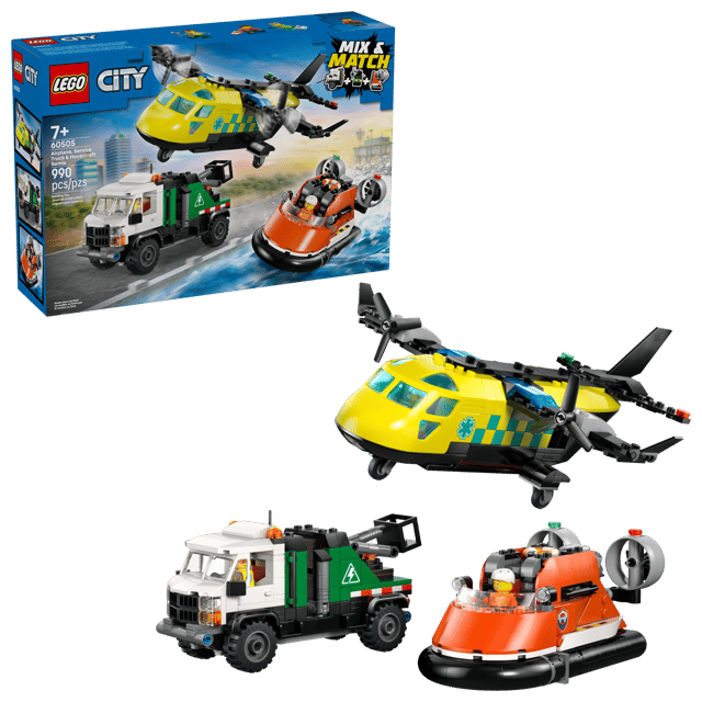 LEGO City Great Vehicles: Airplane, Service Truck & Hovercraft Remix set with helicopter, truck, and hovercraft on a white background