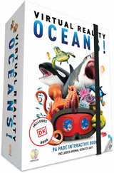 Box for 'Virtual Reality Oceans' book with ocean-themed illustrations on a white background
