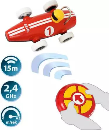 Toy race car with remote control and specifications on a white background