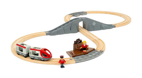 Starter Travel Train Set with tracks and figures on a white background