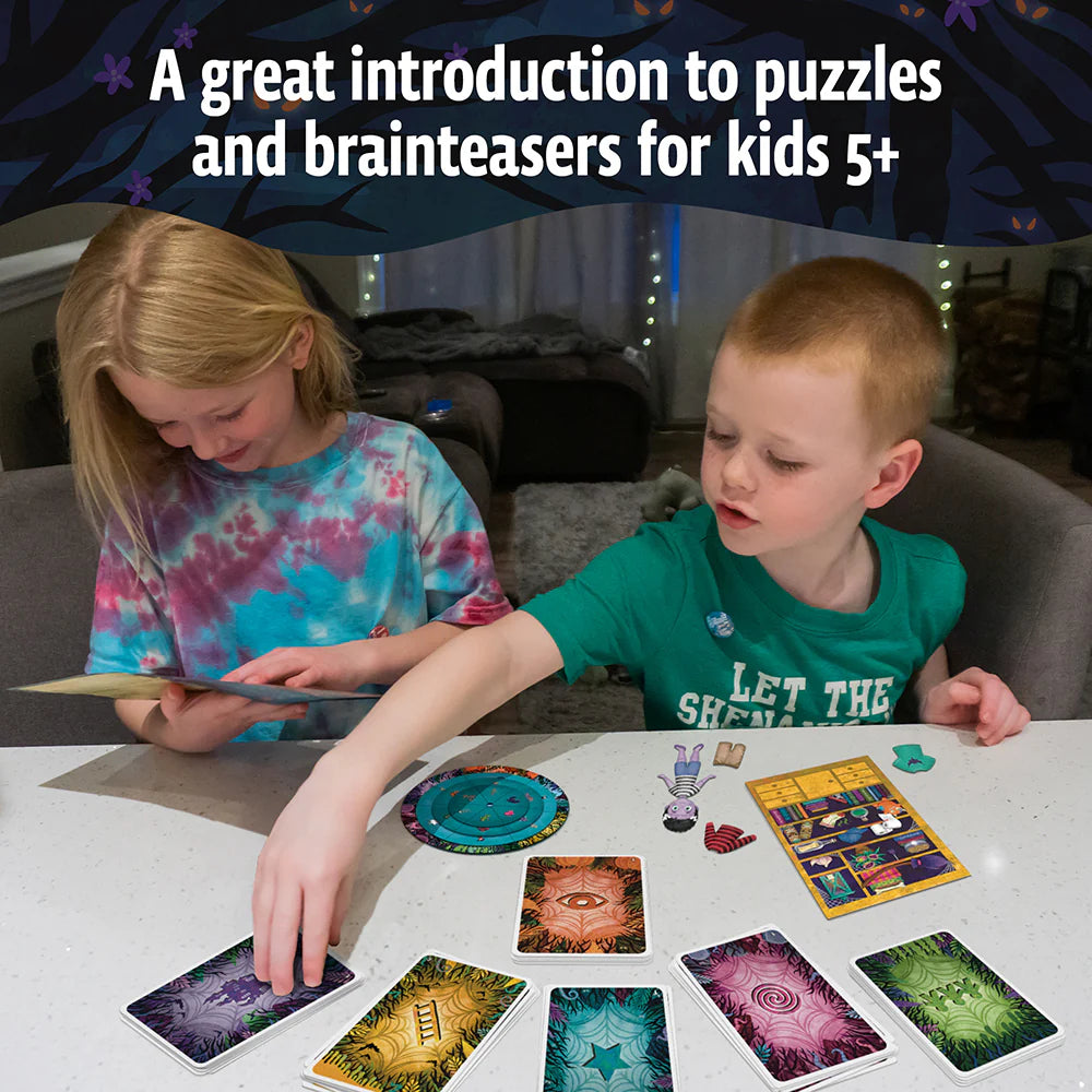 Two children playing EXIT Kids: Midnight Spooktacular game on a table, with text about puzzles and brainteasers for kids.