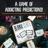Overhead view of a tabletop game board and cards titled 'Blank Slate' with large text reading 'A Game of Addicting Predictions!' at the top. Hands are visible holding or placing cards such as 'Awesome,' 'Pool,' 'Tennis,' and 'Clinic.