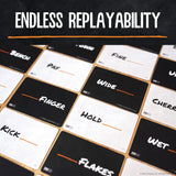 A close-up of Blank Slate™ Gamecards with black and white sides, each printed with a different hand or term such as BENCH, PAY, FINE, WIDE, FINGER, CHERRY, KICK, HOLD, and FLAKES. Large white text at the top reads “ENDLESS REPLAYABILITY” over a dark background.