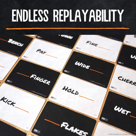 A close-up of Blank Slate™ Gamecards with black and white sides, each printed with a different hand or term such as BENCH, PAY, FINE, WIDE, FINGER, CHERRY, KICK, HOLD, and FLAKES. Large white text at the top reads “ENDLESS REPLAYABILITY” over a dark background.