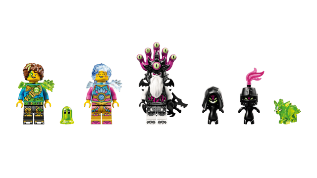 LEGO DREAMZzz: Fox Guardian Mech collection of colorful LEGO figures on a green background