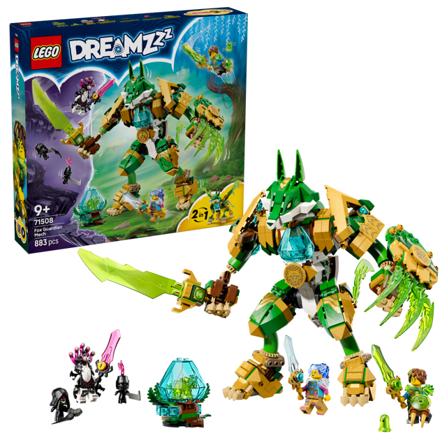 LEGO DREAMZzz: Fox Guardian Mech set with packaging on a white background